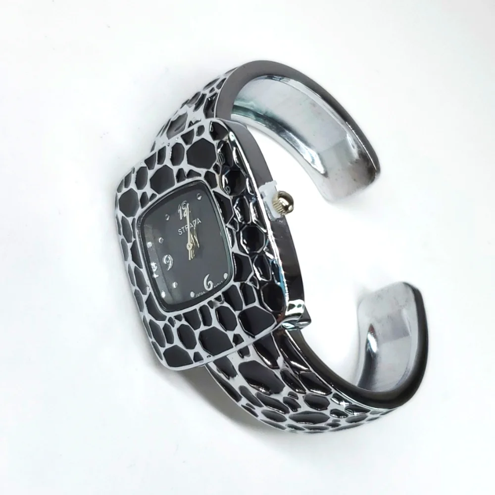 Strada Black Enameled Japanese Movement Open Bangle Watch Stainless Steel